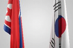 The South Korean flag versus the North Korean flag in a moment of peace  